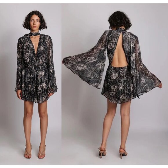 Sabina Musayev Caroline Mini Dress Silk Chiffon Flare Bell Long Sleeve Open Back - Picture 3 of 12